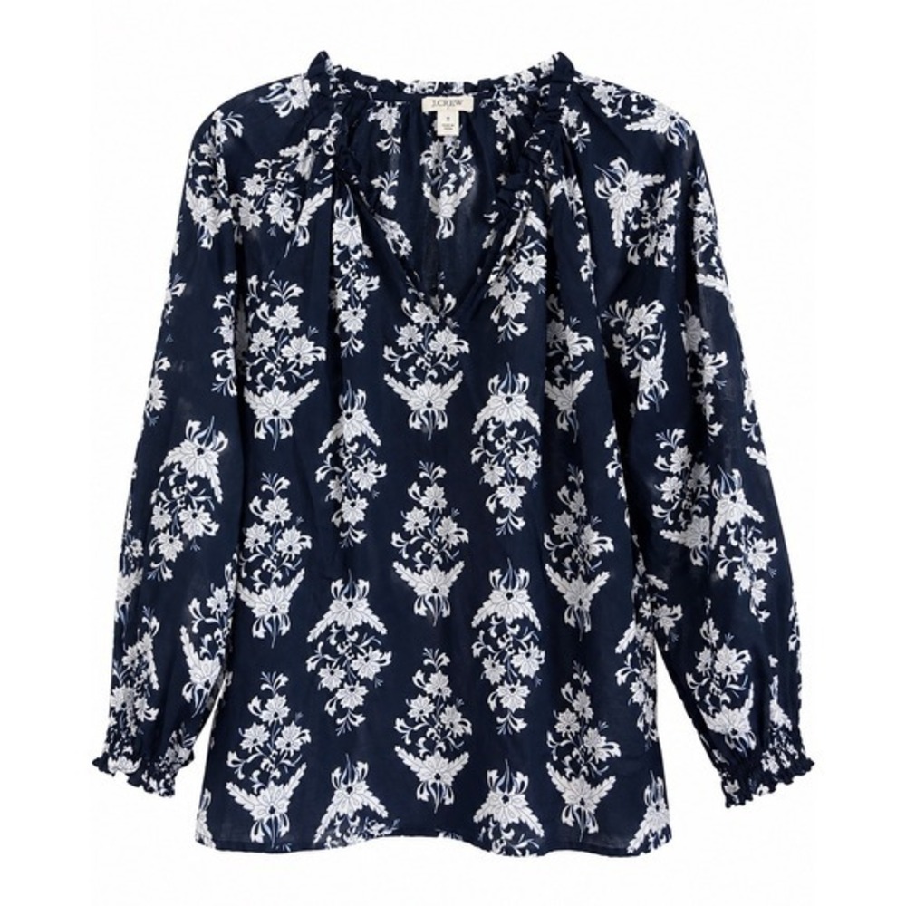 J.Crew Ruffle Neck Blouse Small Navy White Floral 100% Cotton Preppy Tunic